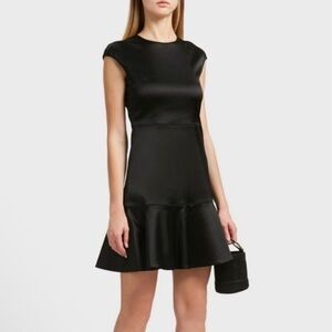 Theory black satin dress with ruffle size 6